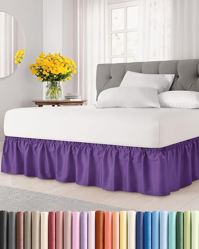 Wrap Around Dust Ruffle Bed Skirt - Purple - for King Size Beds with 12 Inch Drop - Easy Fit Elastic Strap - Adjustable Pleated Bedskirt w/Brushed Fabric - Wrinkle Free - for Women, Men, Kids & Teens