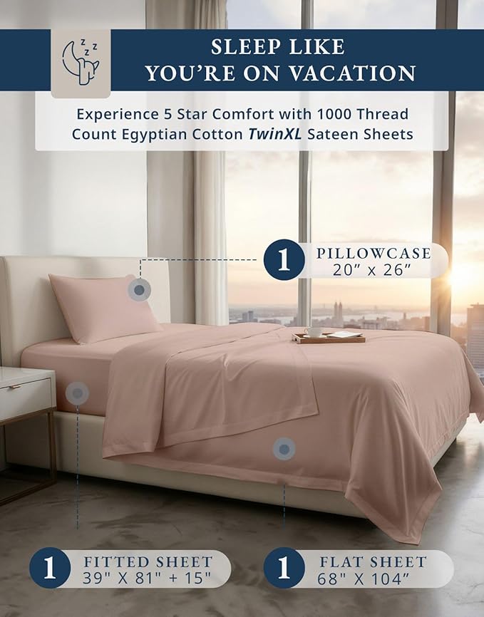 LANE LINEN Luxury 100% Twin XL Sheets Set Cotton - 1000 Thread Count, Eco Friendly Oeko-Tex Certified No Pill Fade Resistant Fully Elasticized Machine Washable Cotton Twin XL Bed Sheet - Sepia Rose