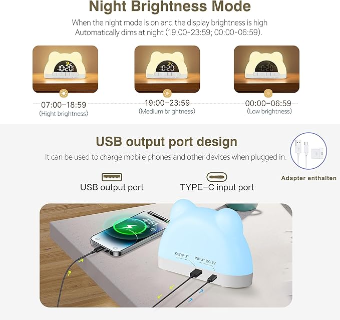LED Alarm Clock, Little Bear Alarm Clock, Sleep Training Clock for Toddlers with 11 Colors Night Light for Bedroom, Sound Machine, Birthday Gift for Boys Girls