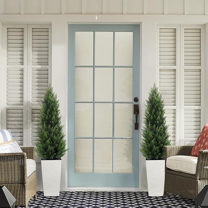 5FT Tall 2 Set Artificial Topiary Cedar Tree, Indoor Realistic Faux Cypress Plants with Square Flowerpot, Outdoor Evergreen Fake Shrubs for Home Living Room Front Porch Decor