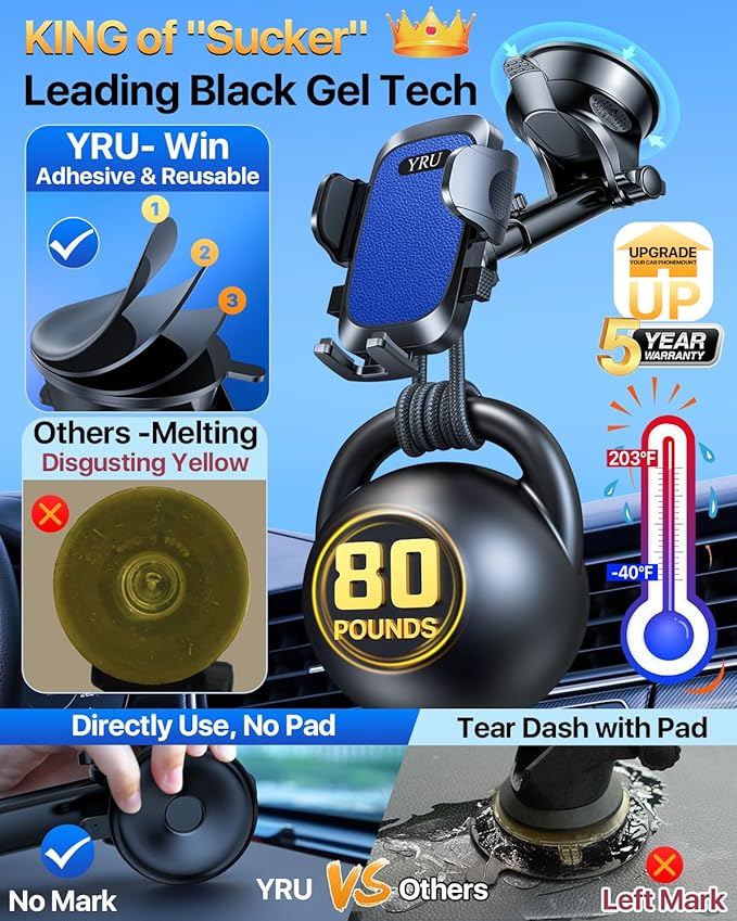 YRU [2025 Upgrade Extreme Strong Suction] Car Phone Holder Mount,[Bumpy Road Stable] Dashboard Cell Phone Holder for Car Vent Windshield Phone Stand for iPhone 16 15 14 13 Pro Max Samsung Truck, Blue