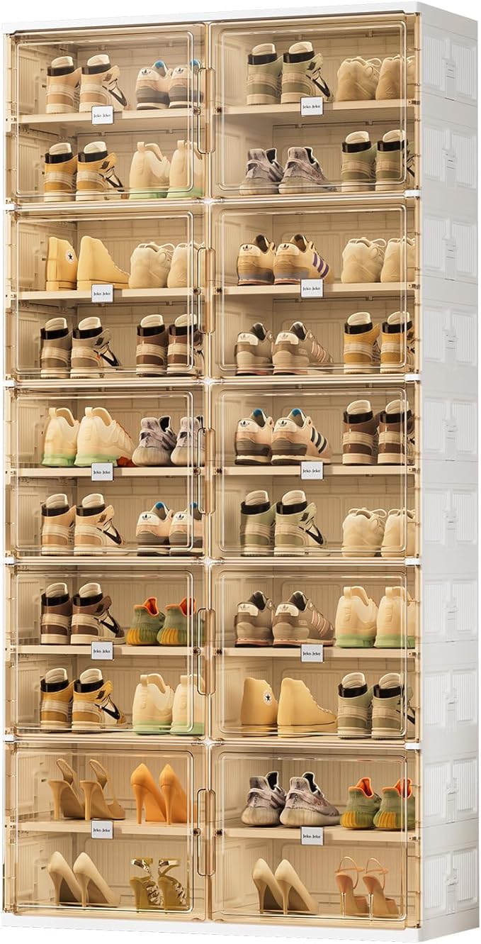 JEKO&JEKO 10 Tiers Foldable Shoe Rack Organizer Cabinet for Closet Entryway, Large Collapsible Shoe Storage Box with Magnetic Doors Fits Up to 40 Pairs (White)
