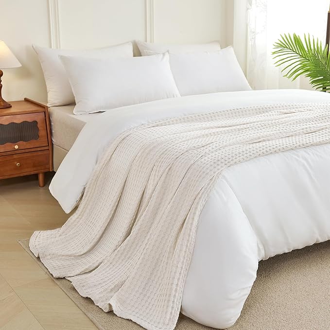 Aganear Waffle Blanket - Lightweight Breathable Summer Blanket of 50% Cotton and 50% Rayon Derived from Bamboo for Hot Sleepers Luxury Throws for Bed, Couch and Sofa,Beige,90x90 Inches