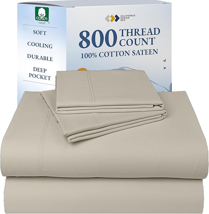 California Design Den Cal King Sheet Set Cotton - Luxury 800 Thread Count, 100% Cotton Sateen - California King Sheets Deep Pockets Bedding Set - Beige