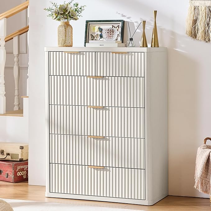LEYAOYAO Fluted 6 Drawers Dresser for Bedroom, 42" Tall Modern Chest of Drawers with Metal Handle, Curved Profile Design,White Wood Drawer Organizer for Bedroom, Living Room, Hallway, Entryway