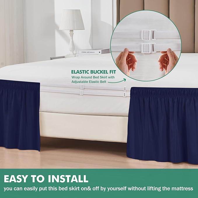 Biscaynebay Wrap Around Bed Skirts with Split Corners for Queen Beds 18" Drop, Navy Adjustable Elastic Dust Ruffles Easy Fit Wrinkle Resistant Silky Luxurious Fabric Machine Washable