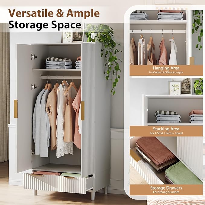 VINGLI Fluted Wardrobe Closet Armoire with Doors And Drawers, White Wardrobe Cabinet with Hanging Rack, Bedroom Closet Wood, Free Standing Armoire with Shelf and Solid Wood Legs, 31.5"W*19.7"D*69.3"H