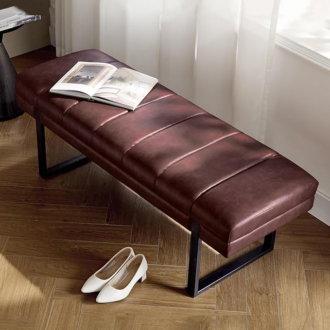 HULALA HOME 53" Faux Leather Entryway Bench, Button Tufted End of Bed Bench Ottoman for Bedroom, Living Room with Metal Base,Brown
