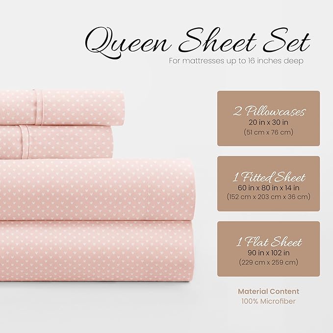 Linen Market Patterned Microfiber Queen Sheet Set 4 Piece – Oeko-TEX Certified Ultra Soft & Wrinkle-Free - 16" Deep Pocket Sheets - Easy Care Queen Size - My Heart Pink
