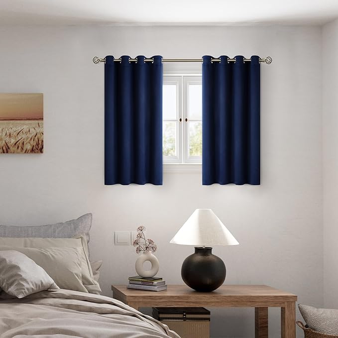 BGment Short 100% Blackout Curtains for Bedroom, Thermal Insulated Energy Efficiency Noise Reducing Grommet Curtains 54 Inch Length with Liner for Small Window 2 Panels Each 52 Inch Wide, Navy Blue