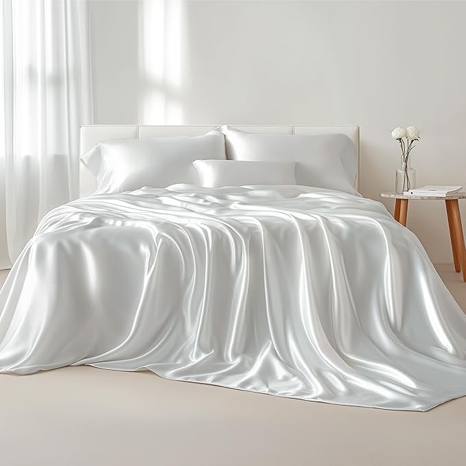 Bedsure White Satin Sheets Full Size - 4 Piece Silky Bedsheets with 15 Inches Deep Pocket Fitted Bedsheet,1 Flat Sheet, 2 Satin Pillowcases, Good for Hair & Skin (Full, White)
