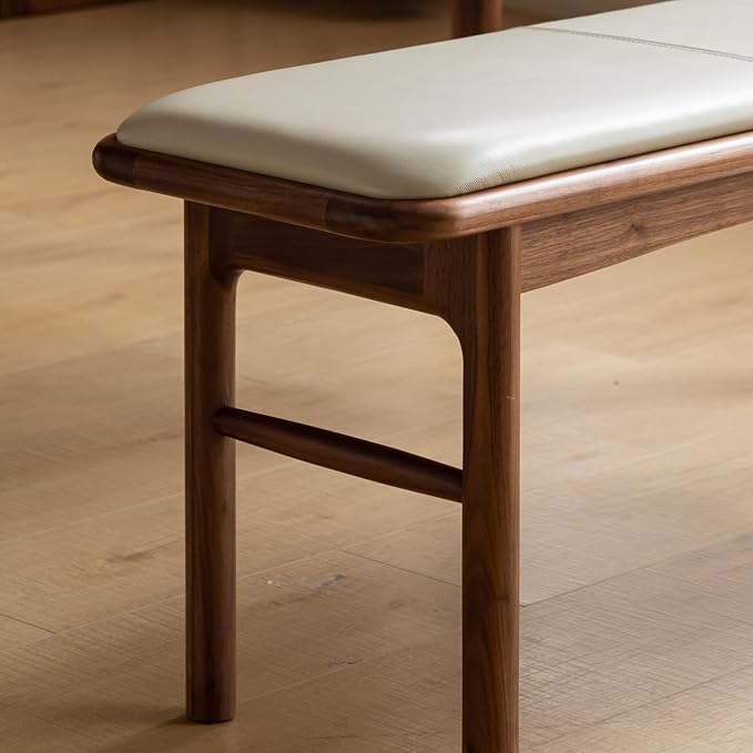 47.2'' Leather Upholstered Dining Bench with 100% Solid Oak Wood Bench Frame, Padded Bed End Bench Ottoman for Kitchen Living Room Bedroom Entryway, Champagne