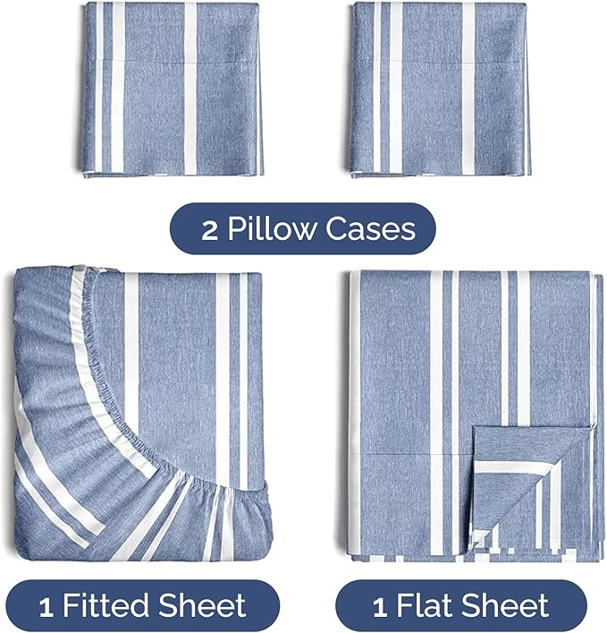 Twin 4 Piece Sheet Set - Cooling, Comfy & Breathable - Hotel Luxury Bedding, Includes Fitted Sheet for Women, Men, Kids & Teens - 1 Flat, 1 Fitted Sheet, 2 Pillowcases w/Deep Pockets - Blue Stripes