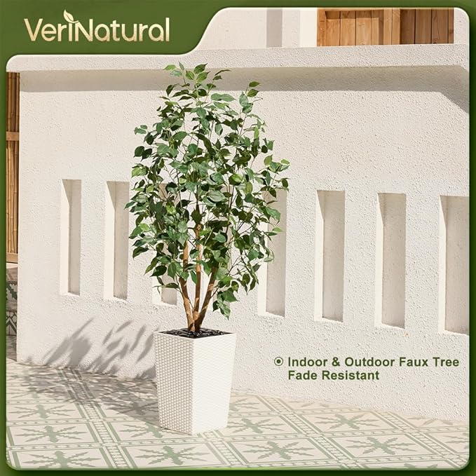 5ft Artificial Ficus Tree,Tall Faux Tree with Pebbles & Planter UV Resistant Potted Fake Plant with Silk Leaves & Real Wood Trunk,Indoor Outdoor Floor Plant for Home,Living Room,VN129
