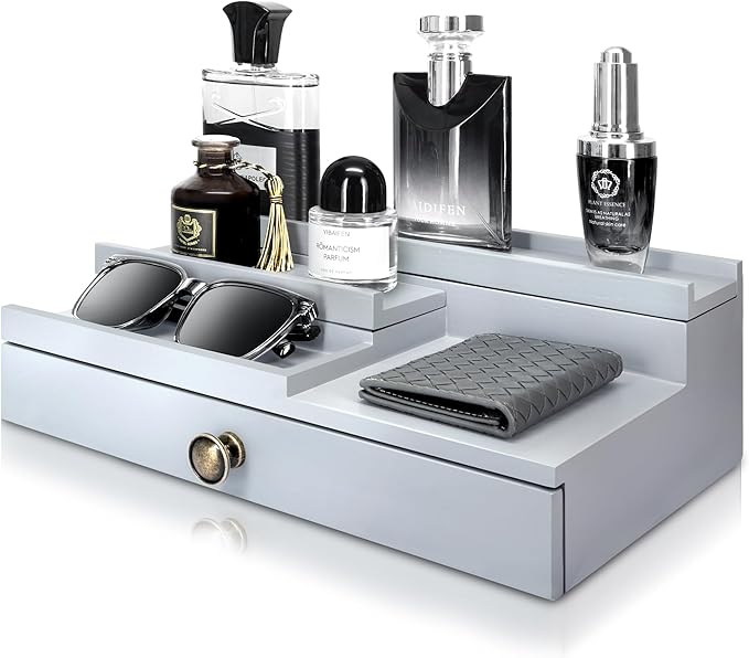 EOSAHR Modern Wooden Cologne Organizer for Men - 3 Tier Perfume Organizer with Storage Drawer and Hidden Compartment - Ideal Gift for your Boyfriend or Dad (Gray)