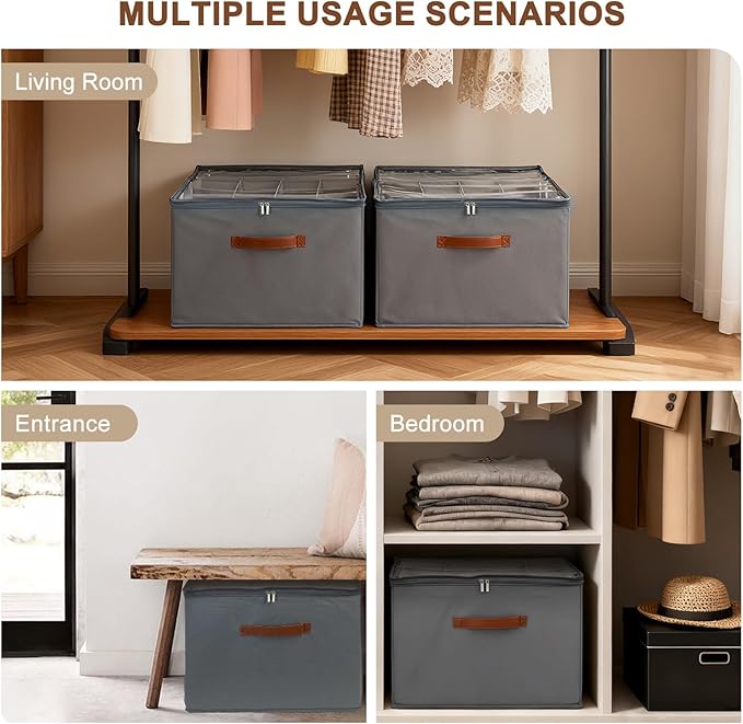 Shoe Organizer for Closet, Foldable Shoe Storage Box with Clear Top Lid, 3 Leather Handles, Adjustable Dividers, Fits 8-16 Pairs, Stackable Shoe Bin for Bedroom (Gray, 1 PCS/16.9*11.8*1.57 inch)