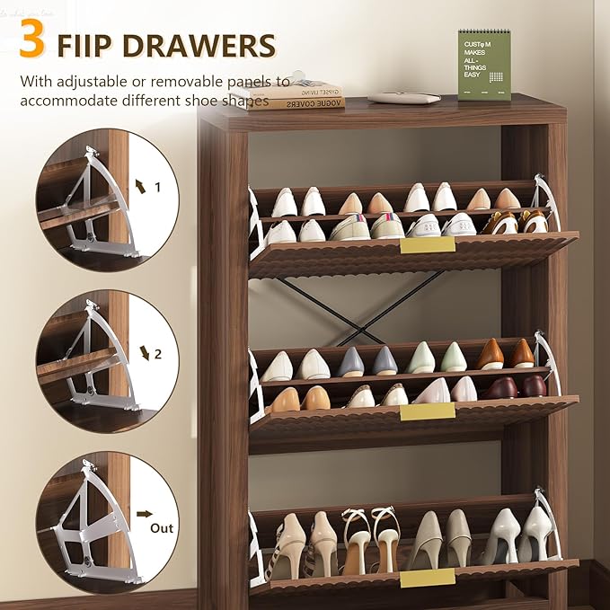 Shoe Cabinet Storage for Entryway, Fluted Shoe Cabinet with 3 Flip Drawers, Hidden Shoe Rack Tall Freestanding Shoe Organizer with Legs for Hallway, Walnut