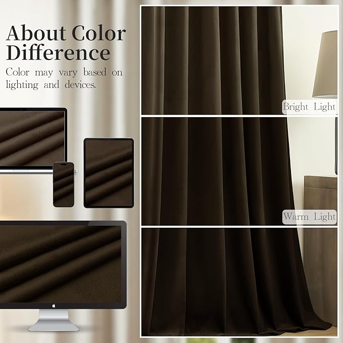 Brown Brown Velvet Curtains 96 Inches for Bedroom, Light Blocking Thermal Curtain Elegant Soundproof Soft Luxury Room Darkening Window Drapes for Living Room, Back Tab Rod Pocket, W52 x L96, 2 Pcs