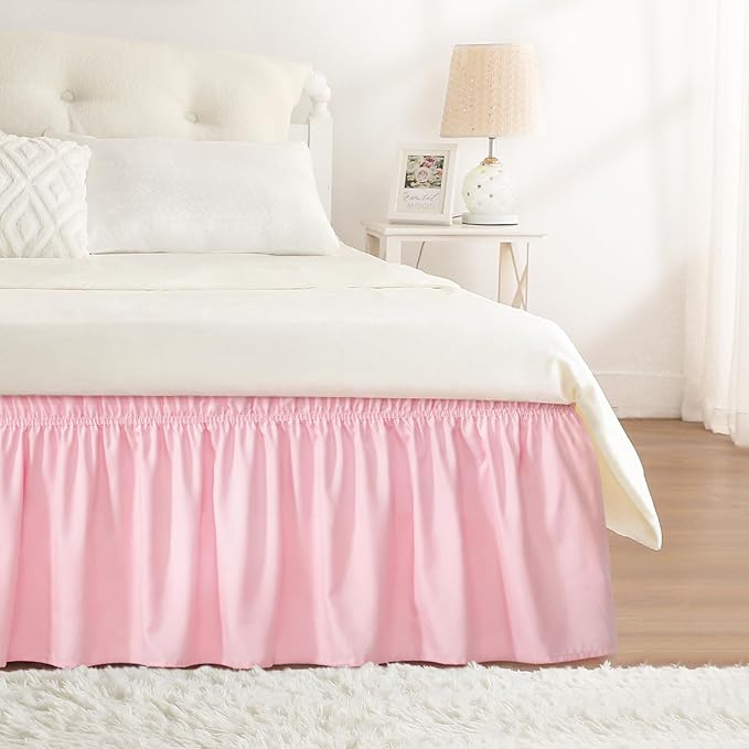 RIMELA Bed Skirt Full Size 15 Inch Drop, Elastic Bed Skirting for Adjustable Bed Base and Frame, Bedding Dust Ruffle Easy to Install, Hotel Quality Wrap Around Bedskirt (Pink)