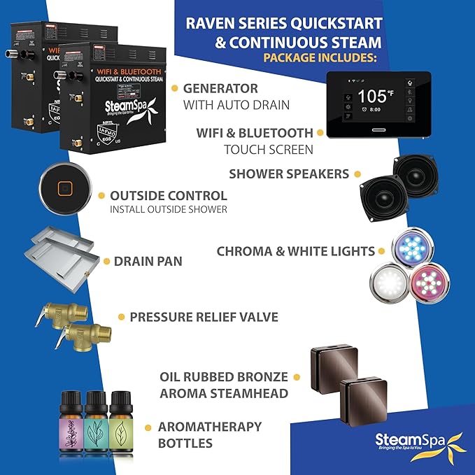 SteamSpa Steam System 15kW Steam Shower Generator with Bluetooth Wifi, Quickstart Continous Steam, Advanced Touch Pad Screen, Chroma Lights, Drain Pan and Auto Drain Oil Rubbed Bronze RVBS1500ORB-A