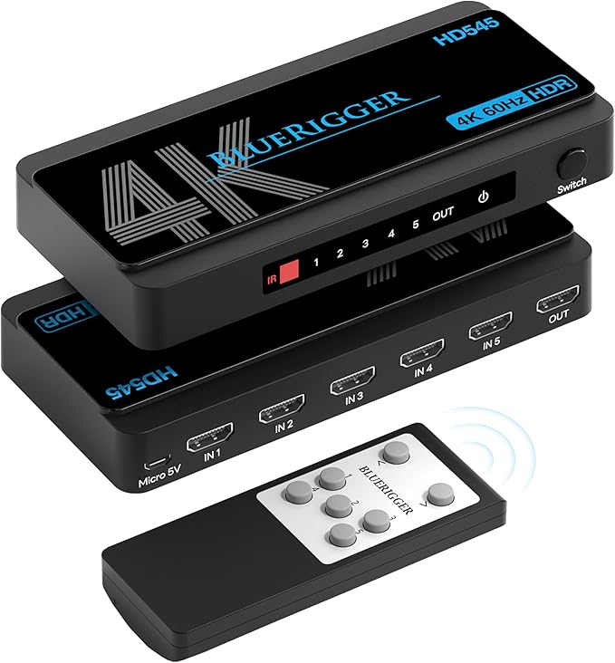 BlueRigger 4K HDMI Switch 5 in 1 Out (4K 60Hz, 5 Port Video Switcher, HDMI Hub, HDR10+, 18Gbps, Selector Box with IR Remote) – Compatible with HDTV, PS5, Xbox, Apple TV, Projector, Blu-Ray