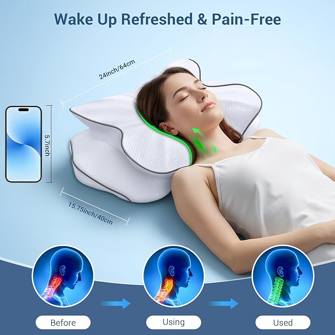 Memory Foam Cervical Pillow for Neck Support & Pain Relief, Butterfly Ergonomic Design – 24×15.75×5.7 Inches, Removable 100% Polyester Pillowcase, Suitable for Side & Back Sleepers