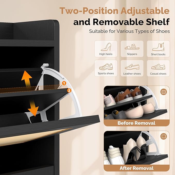 Slim Entryway Shoe Storage Cabinet with 2 Flip Drawers, Modern Freestanding Shoes Organizer Holds 16-20 Pairs, Closed Shoe Storage for Hallway, Foyer - Space-Saving Wood Shoe Cabinet
