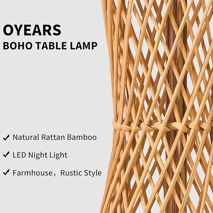 OYEARS 27" Table Lamps Set of 2 with Rattan & Dual Lights, Boho Lamps for Nightstands, Bedside Lamps for Bedroom, Nightstand Lamp for Living Room, Farmhouse Table Lamp for Office & Study