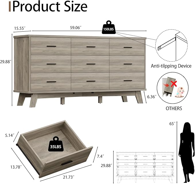 Dresser for Bedroom, 9 Drawer Wide Modern Chest of Drawers with X-Shaped Sturdy Base, Wood Double Dresser Closet Clothes Storage Organizer, Wooden TV Stand for Living Room, Hallway, Grey