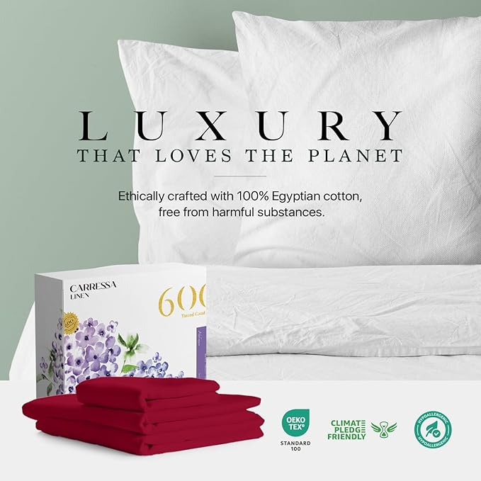 Carressa Linen 100% Egyptian Cotton Twin Sheets Set - 600 Thread Count Egyptian Cotton Luxury Twin Sheets (3 PC, True Red), 16" Deep Pocket, Soft, Cooling, Sateen Weave College Dorm Room Bedding