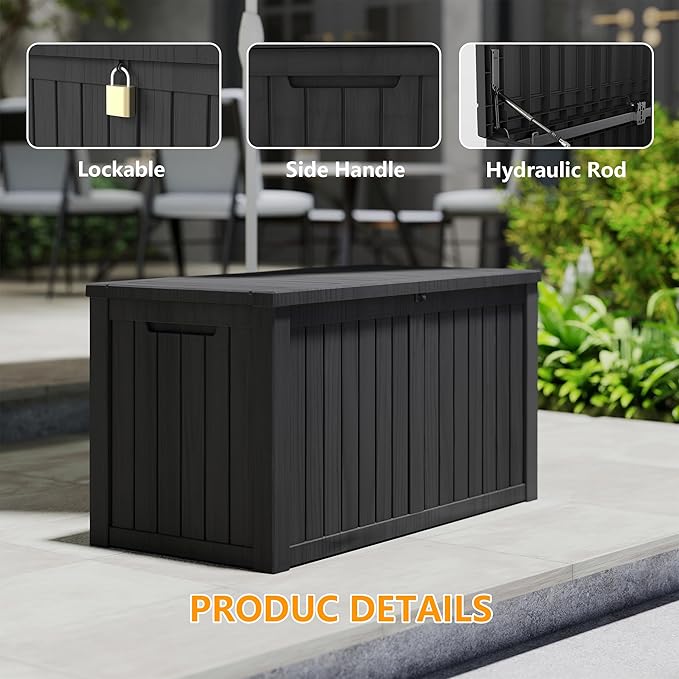 180 Gallon Outdoor Storage Box Waterproof, Resin Deck Boxes with Lockable Lid & UV-Resistant for Patio, Pool, Garden Furniture Cushions & Accessories, Black