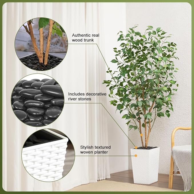 6ft Artificial Ficus Tree-Tall Faux Tree with Pebbles & Planter UV Resistant Potted Fake Plant with Silk Leaves & Real Wood Trunk-Indoor Outdoor Floor Plant for Home,Living Room,VN129