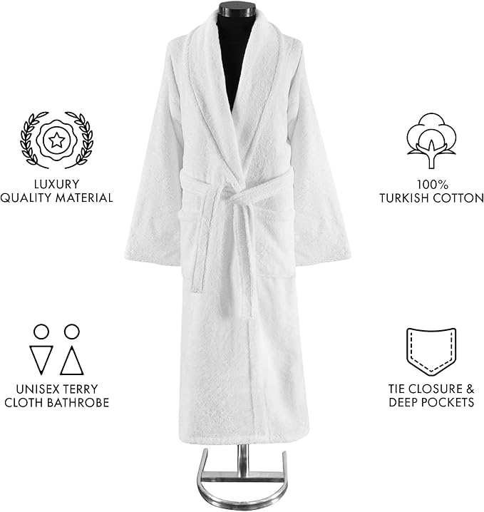 Classic Turkish Towels CTT - Luxury 100% Turkish Cotton Terry Cloth Bath Robe for Women & Men, 400 GSM Soft & Plush Long Robe