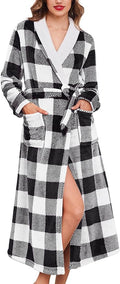Ekouaer Women's Robe Long Plush Soft Bathrobe Jacquard Color Block Robes Shawl Collar Sleepwear with Pockets S-XXL