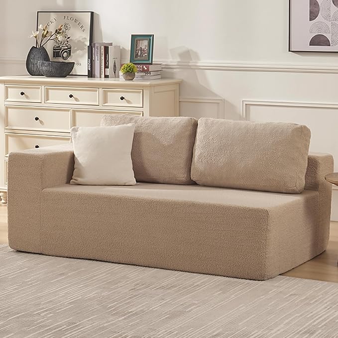 Loveseat Sofa, Cloud Modular Sofa Couch, Upholstered Floor Sofa with Deep Seat, Upholstered Foam Couch for Bedroom Living Room, No Assembly Required (Teddy Boucle, Camel)