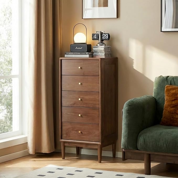 Solid Walnut Nightstand, Solid Wood Dresser with Drawers, Mid Century 5 Drawer Dresser for Beroom, 39.69" Tall Dresser for Living Room, Wooden Side End Tables for Hallway