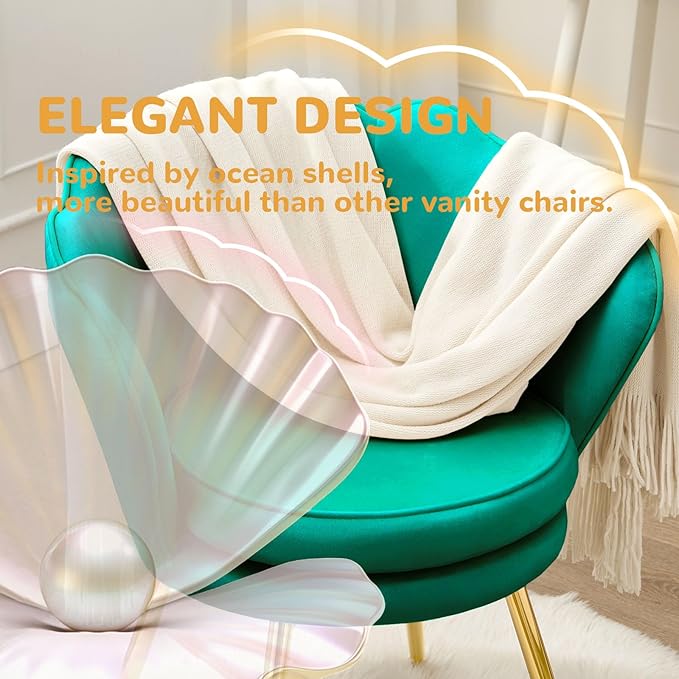 Accent Chairs Set of 2, Velvet Vanity Chair with Back, Mid-Century Modern Small Accent Chair for Living Room, Golden Metal Legs Upholstered Makeup Chair, Bedroom Armchair, Emerald Green