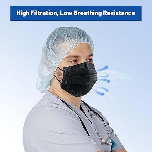 JMU Level 3 Black Disposable Face Mask, 4-Ply Medical Face Masks for Adults, 50 Pack