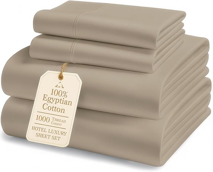 100% Egyptian Cotton King Sheet Set – 1000 Thread Count Naturally Cooling & Breathable Sateen King Sheets, Authentic Long-Staple Cotton for Lasting Softness, Snug Fit 15" Deep Pocket Fitted - Taupe