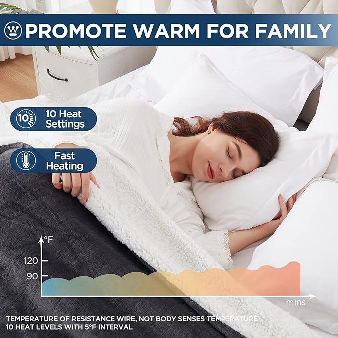 Westinghouse Electric Blanket King, Heated Blanket King Size with 10 Heating Levels and 1 to 12 Hours Heating Time Settings, Flannel to Sherpa Reversible, Machine Washable (90" x 100", Charcoal)