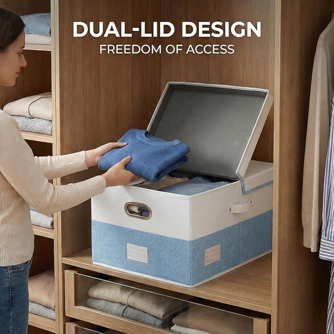 PRANDOM Collapsible Storage Bins with Lids [3-Pack] Linen Fabric Foldable Storage Boxes Organizer Containers Baskets Cubes with Cover for Bedroom Closet Nursery Blue&White (23.4X15.9X11.4)