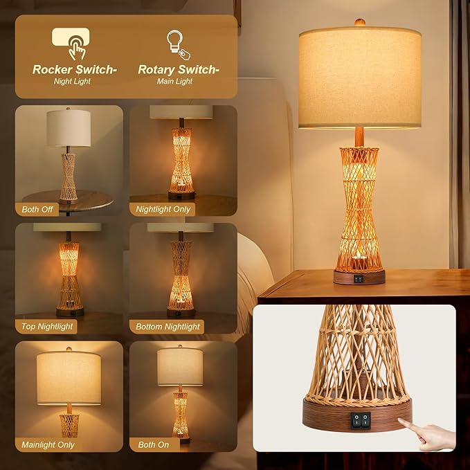 OYEARS 27" Table Lamps Set of 2 with Rattan & Dual Lights, Boho Lamps for Nightstands, Bedside Lamps for Bedroom, Nightstand Lamp for Living Room, Farmhouse Table Lamp for Office & Study
