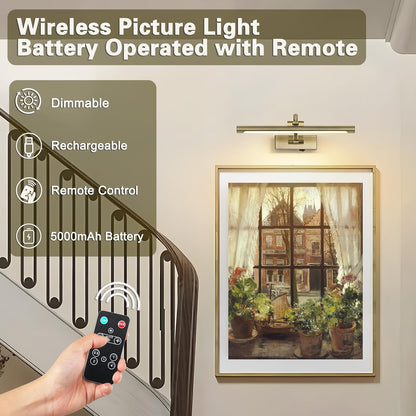 Wireless Picture Lights Rechargeable Gallery Lighting Battery Picture Frame Light with Remote and Timer, Adjustable Art Light for Paintings, Portraits, Antique Bronze Finish 16'' Inch 3W 2700K