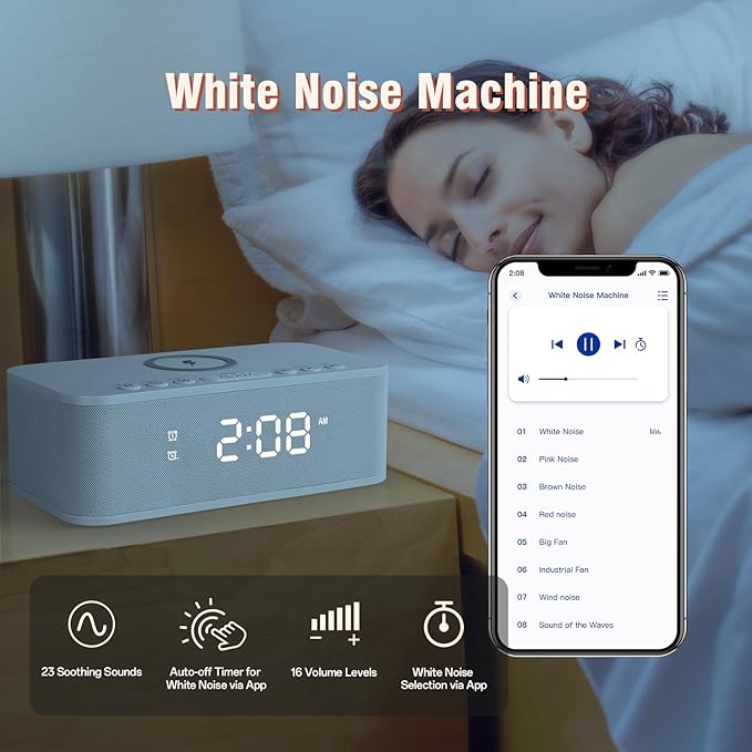 Dual Alarm Clock Radio Bedroom, Digital Alarm Clocks Bedrooms Bluetooth, Up to 10 Bedroom Alarms Clock White Noise 23 Soothing Sounds App/Button Control Snooze 12/24H FM Speaker Charging, White