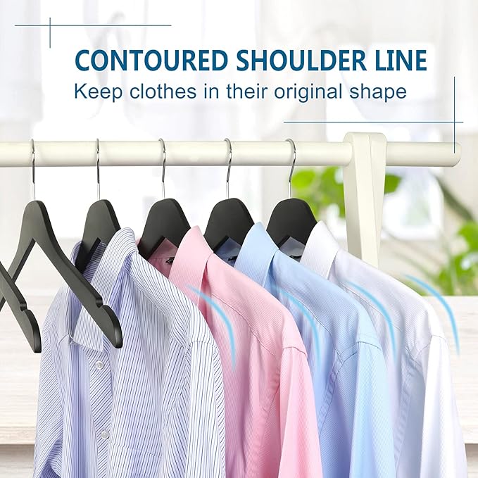 TOPIA HANGER Black Wooden Hangers, 0.28-inch Slim Wood Clothes Hanger with Flat Design and Smooth Notches, Lightweight Space Saving Hangers for Shirt, Coat, Camisole, 10 Pack-Matte Black, CT29B