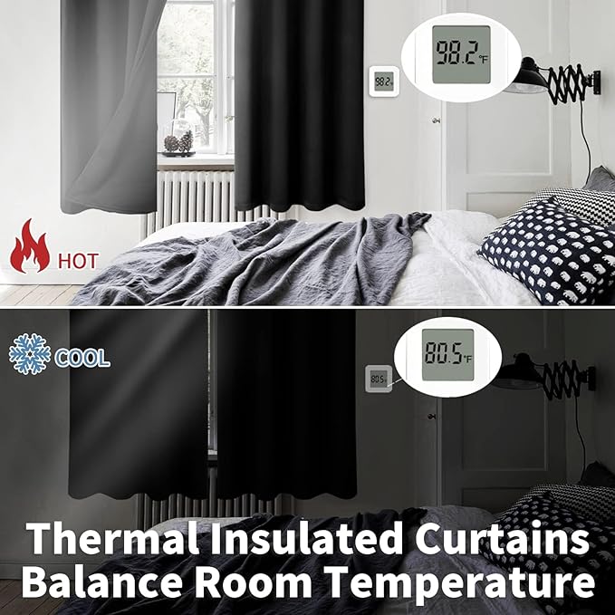 BGment Thermal Insulated 100% Blackout Curtains for Bedroom with Black Liner, Double Layer Full Room Darkening Noise Reducing Grommet Curtain (60 x 63 Inch, Black, 2 Panels)