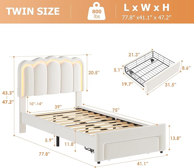 Velvet Upholstered Twin LED Bed Frame with Storage Drawer and Adjustable Chic Double Wavy Headboard, Princess Platform Bed for Kids/Girls, Solid Wood Slats Support, No Box Spring Needed, Beige