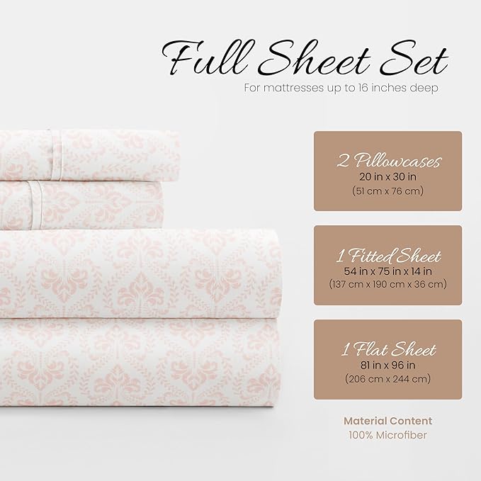 Linen Market Patterned Microfiber Full Sheet Set 4 Piece – Oeko-TEX Certified Ultra Soft & Wrinkle-Free - 16" Deep Pocket Sheets - Easy Care Full Size - Classic in Pink