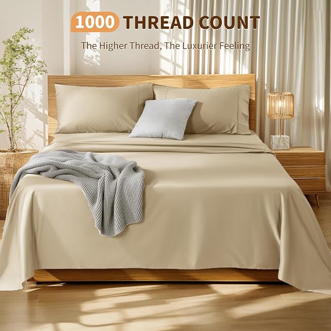 LBRO2M 100% Cotton Sheets Set Deep Pocket 19", 1000 Thread Count California King Size 4 Piece Bed Sheet Sets Soft Comfortable Bedding All Season (California King, Linen)