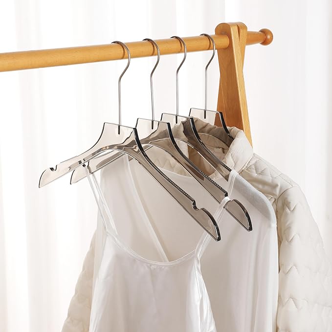 Clear Hangers 10 Pack, Crystal Clear Luxury Non-Slip Hangers for Suits, Coats, Dresses, Heavy Duty Thin Design Saves Closet Space Smoky Gray